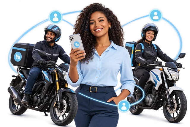 Operadora Logística com celular e profissionais de entrega em motos.