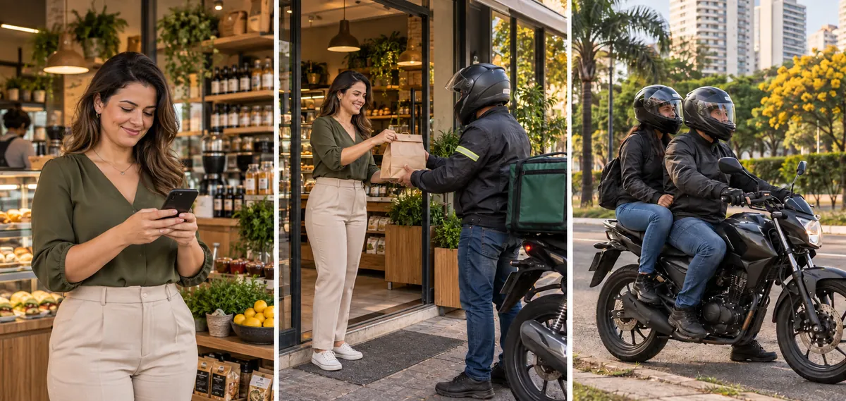 Cenas ilustrativas inspiradas em Goiânia: uma comerciante usa o celular, um profissional retira comida e uma passageira se prepara para viajar de moto